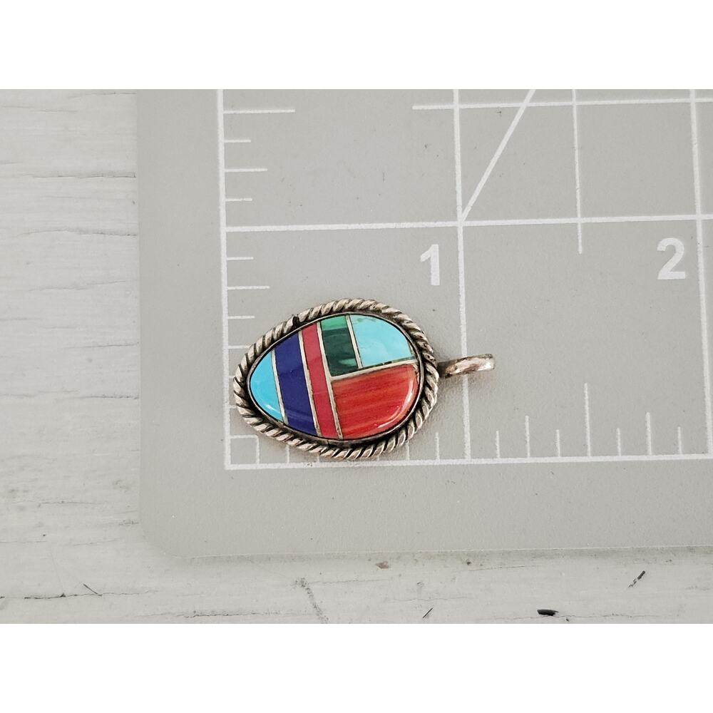 Vintage Sterling Silver NA Inlay Turquoise Coral Malachite Lapis Pendant - Picture 4 of 4